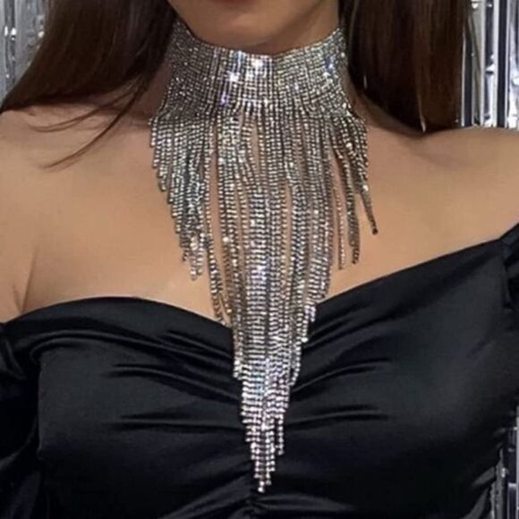 Long SIlver Crystal Rhinestone Adjustable Bib Collar Choker Party Necklace - Picture 3 of 7